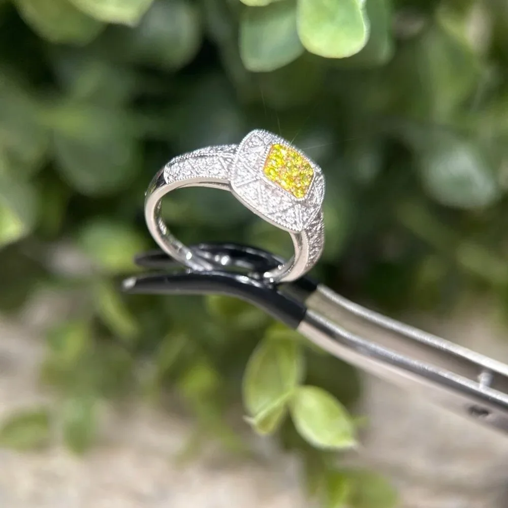 Stunning 14K Gold Yellow & White‎ Diamonds Square Ring